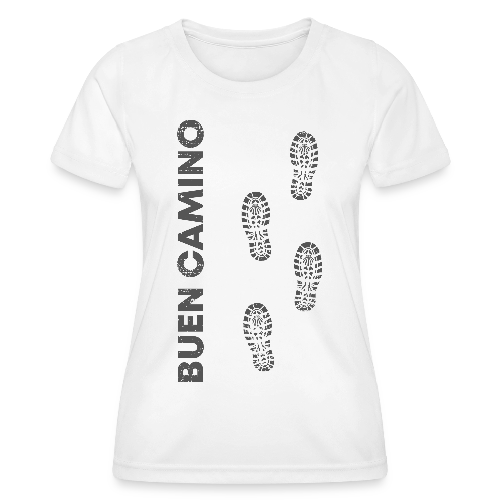 Frauen Funktions-T-Shirt: Buen Camino footprints - dark - Weiß