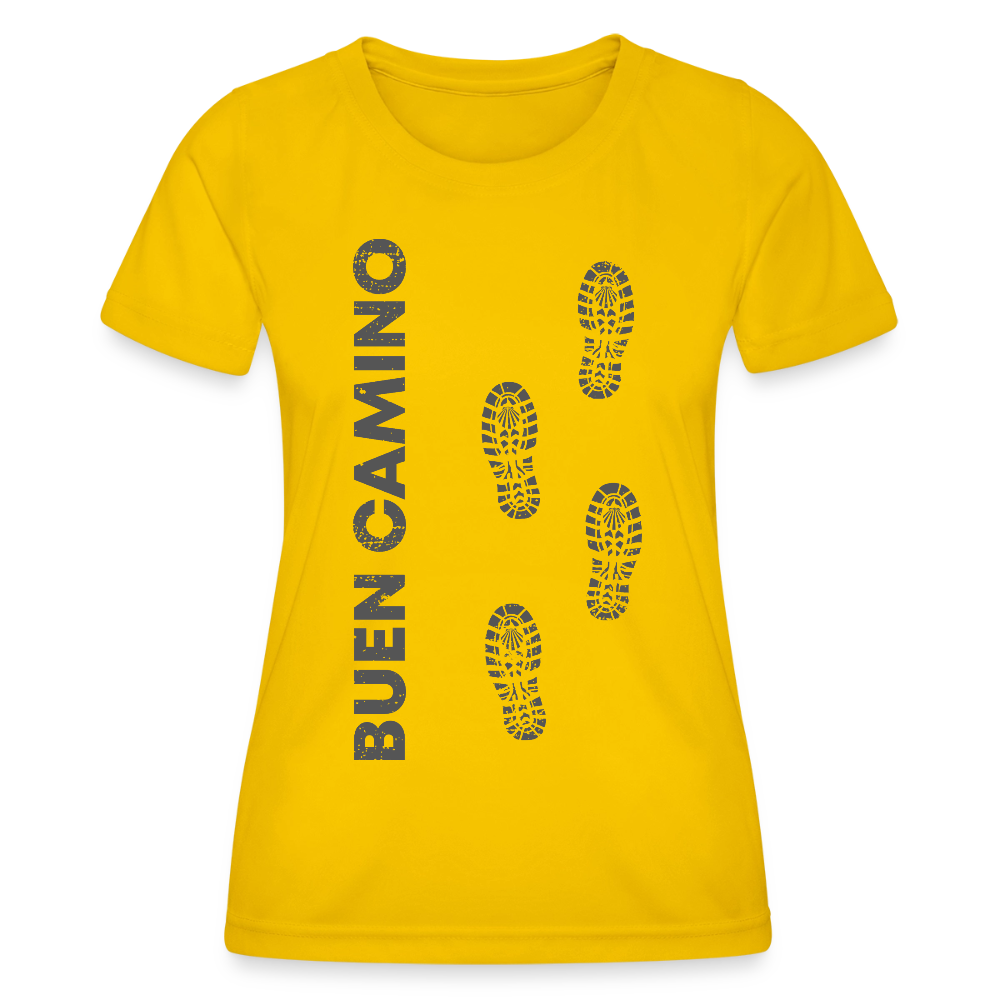 Frauen Funktions-T-Shirt: Buen Camino footprints - dark - Eigelb