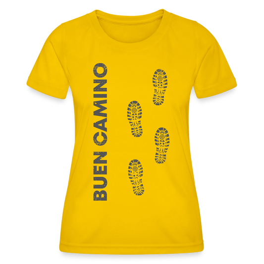 Frauen Funktions-T-Shirt: Buen Camino footprints - dark - Eigelb