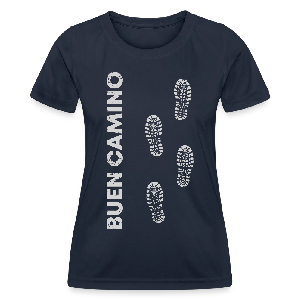 Frauen Funktions-T-Shirt: Buen Camino footprints - light - Navy