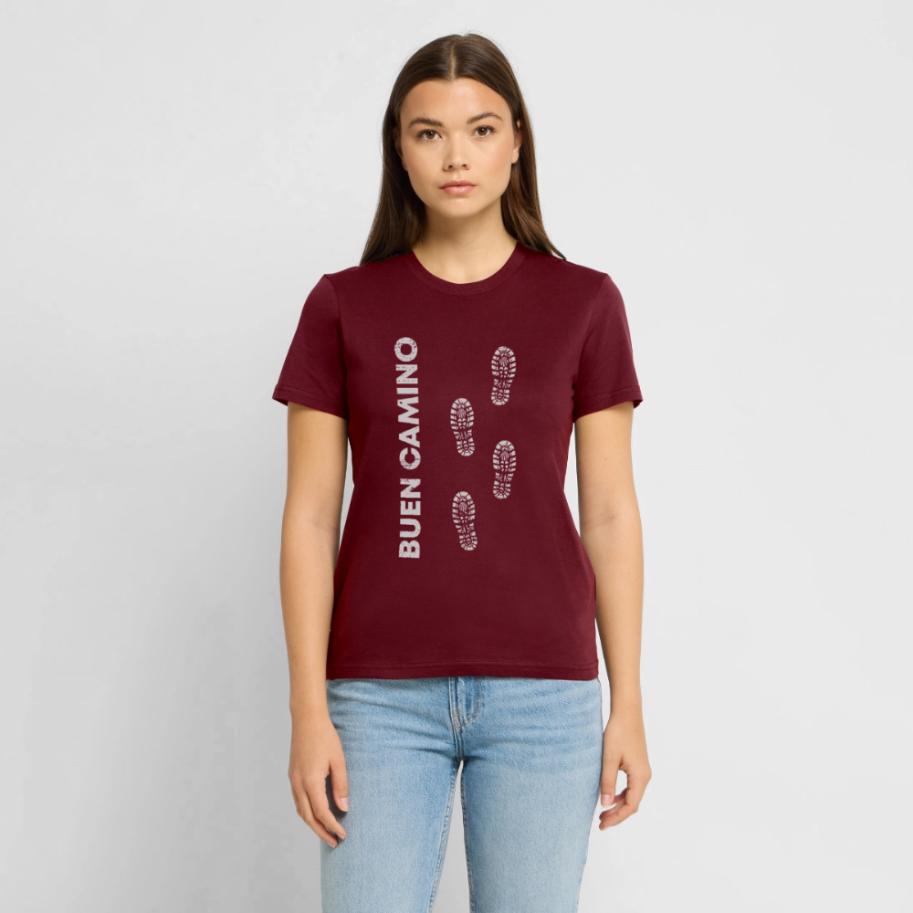 T-Shirt: Buen Camino light footprints - 180g/m2 - Burgunderrot
