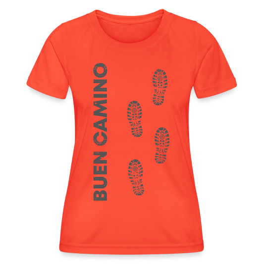 Frauen Funktions-T-Shirt: Buen Camino footprints - dark - Grenadine