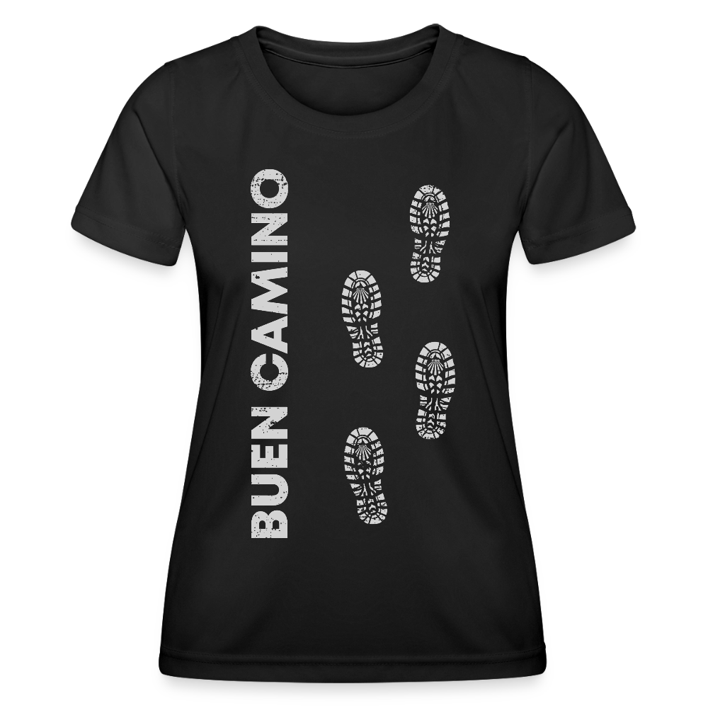 Frauen Funktions-T-Shirt: Buen Camino footprints - light - Schwarz